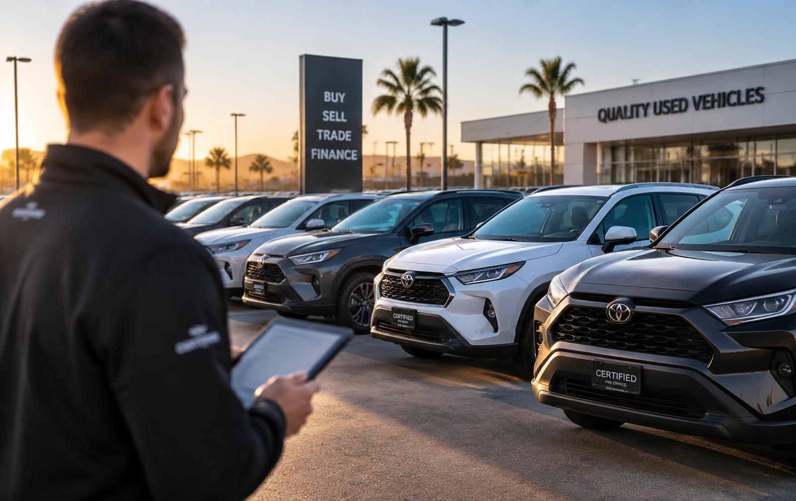 Dealership lot with rows of vehicles